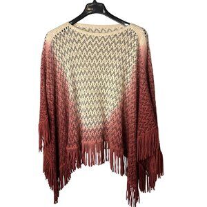 Womens Poncho Top One Size Knit Ombre Gradient Russet Cream Grey Acrylic Fringe